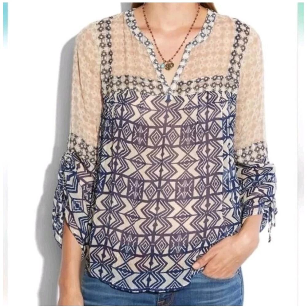 Lucky Brand Womens Boho Southwestern Tribal Print Hippie Sheer Mixed Media Top M - Picture 12 of 12